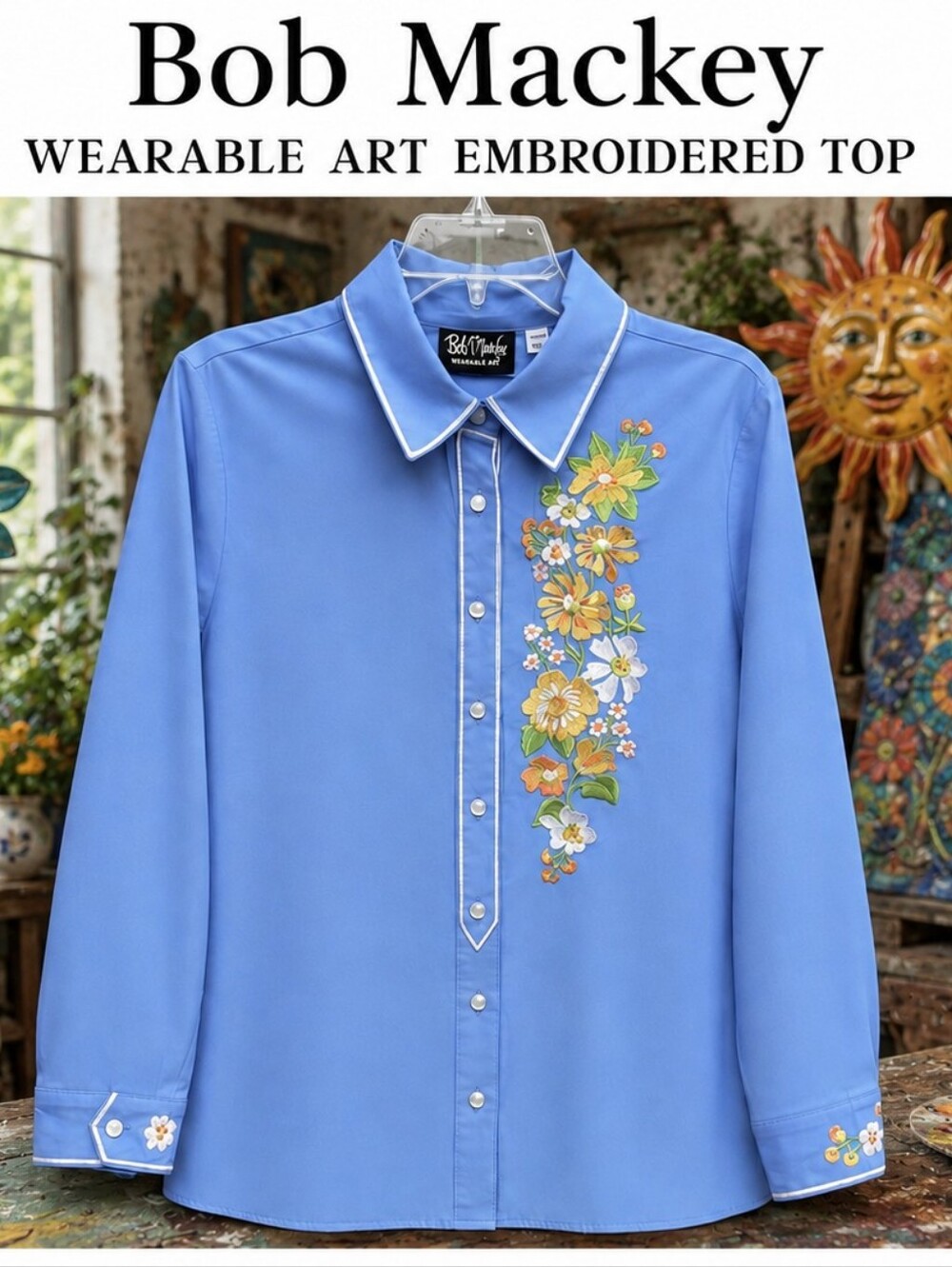 Bob Mackey Wearable Art Embroidered Blue Button-Up Top Large